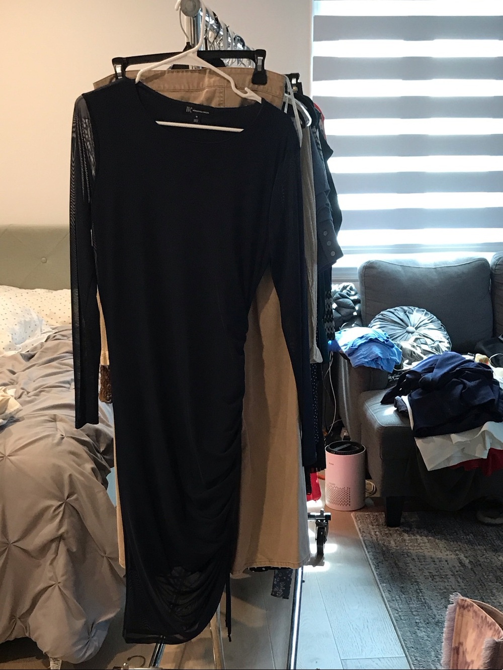 INC International Concepts Black Long-Sleeve Ruched Bodycon Dress